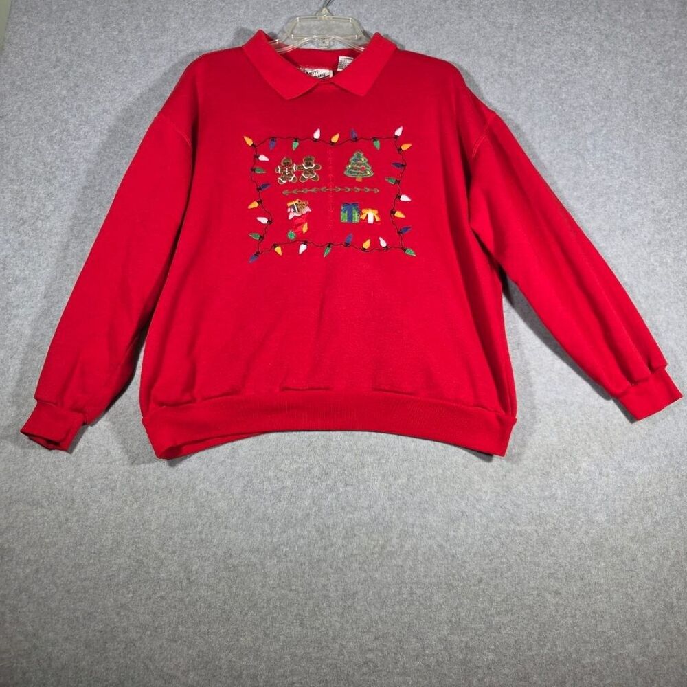 Vintage Active Exchange Ugly Christmas Sweatshirt L Red Collared Gingerbread